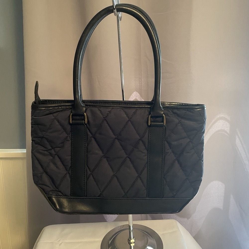 LL Bean Navy Blue Quilted Tote Hand Bag with Black Leather Trim & Zip Closure